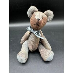 Handmade‎ Tweed Teddy Bear Gray Bow Vintage Button Jointed Stuffed Animal